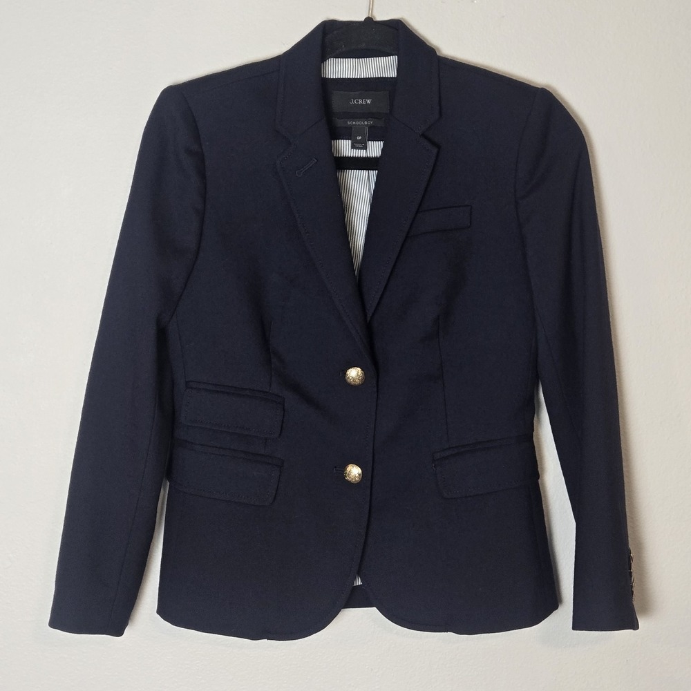 J. Crew Womens Schoolboy Blazer Size 0 Wool Gold Buttons Preppy Navy Blue